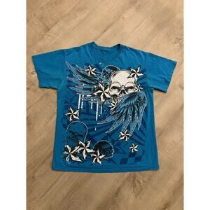 Vintage Y2K Skull Wings Stars T-Shirt Men's Medium M Goth Grunge Blue Cyber Mall